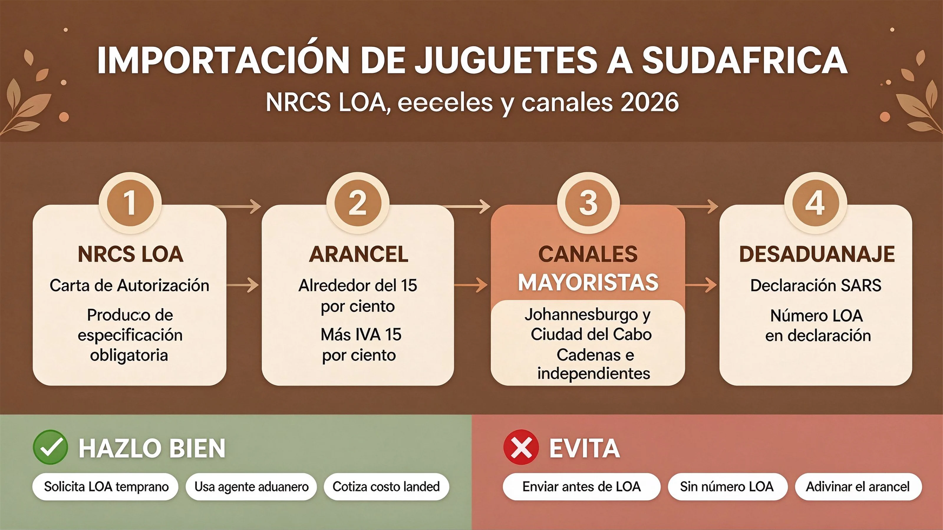 Importar juguetes a Sudáfrica: carta de autorización del NRCS, aranceles y canales mayoristas (2026)
