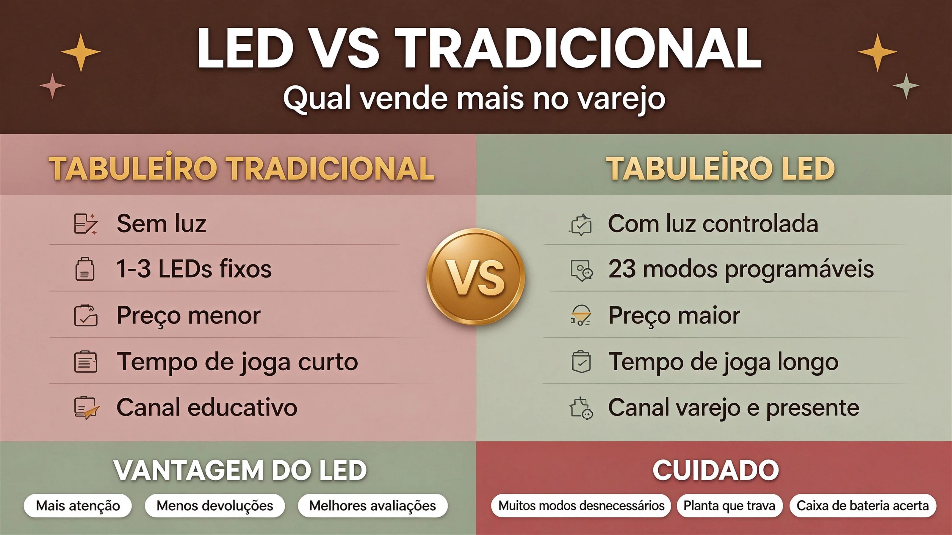 Tabuleiro de atividades com LED vs tradicional: qual vende mais no varejo